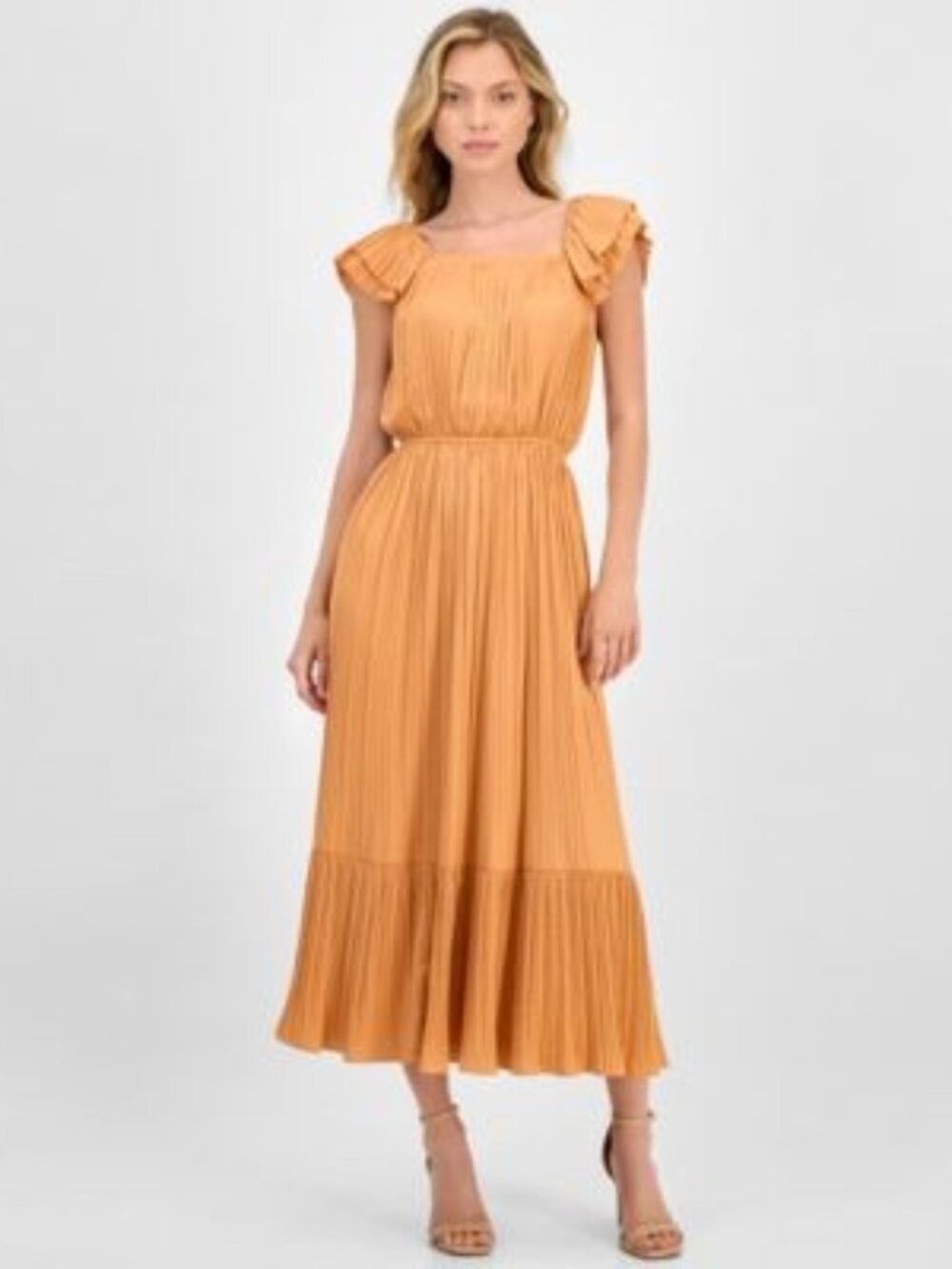 Tahari Orange Pleated Ruffle-Sleeve Midi Dress